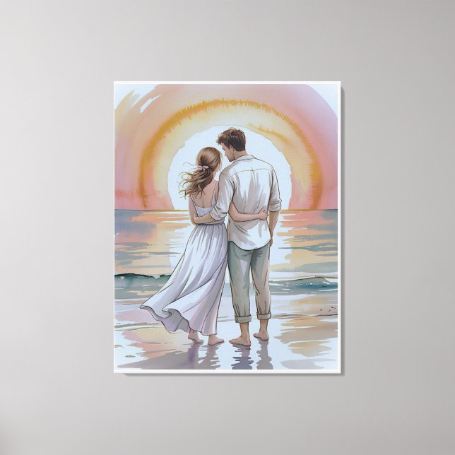 Couple on the beach at sunset canvas print (Front)