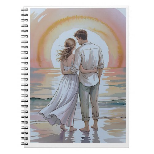 Couple on the beach at sunset notebook