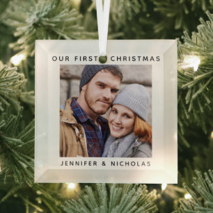 Couple Our First Christmas Photo Glass Ornament