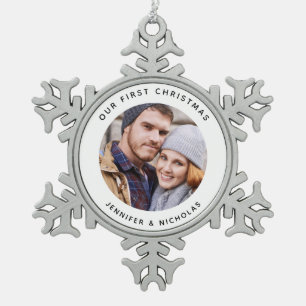 Couple Our First Christmas Photo Snowflake Pewter Christmas Ornament