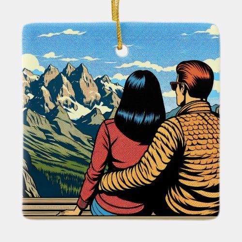 Couple overlooking a Scenic View Christmas Ceramic Ornament