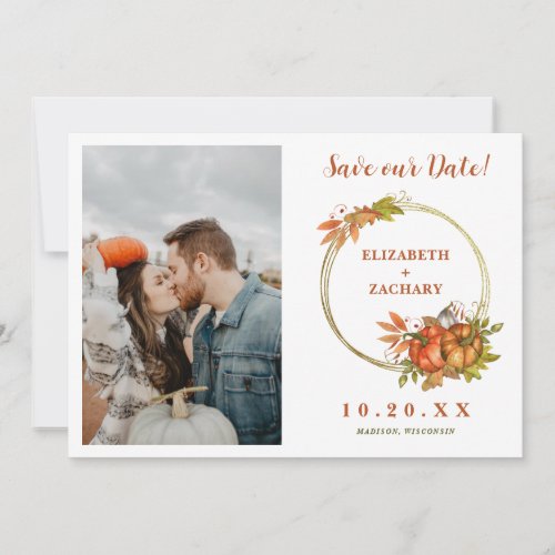 Couple Photo Autumn Pumpkins Fall Wedding Save The Date