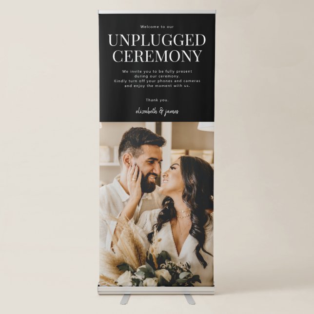 Couple Photo Black Unplugged Wedding Ceremony Sign (Front)
