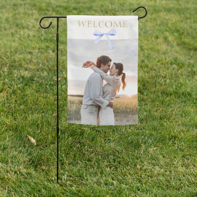 Couple Photo & Blue Ribbon Welcome Garden Flag (In SItu)