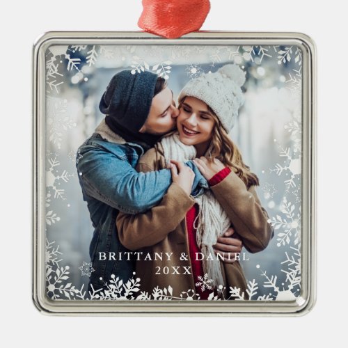 Couple Photo Christmas Snowflakes Overlay Border Metal Ornament