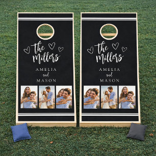 Couple Photo Collage Black and White Modern Cornhole Set