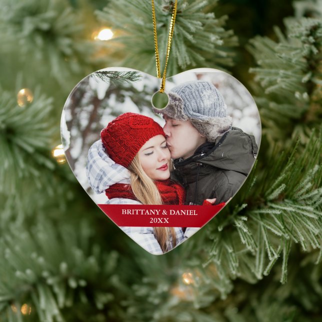 Couple Photo Front | Snowflakes Back Red Heart Ceramic Ornament (Tree)