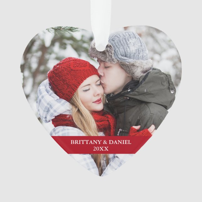 Couple Photo Front | Snowflakes Back Red Heart Ornament (Front)