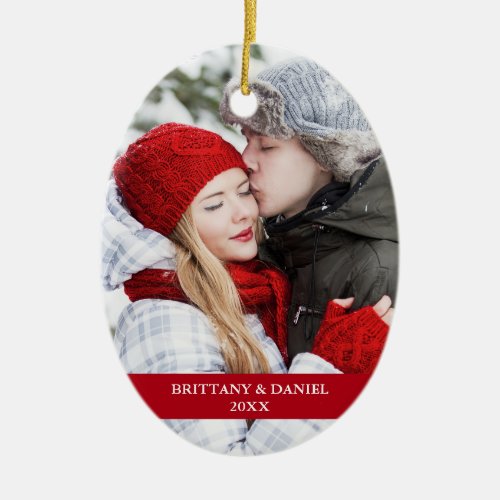 Couple Photo Front  Snowflakes Back Red Oval Ceramic Ornament