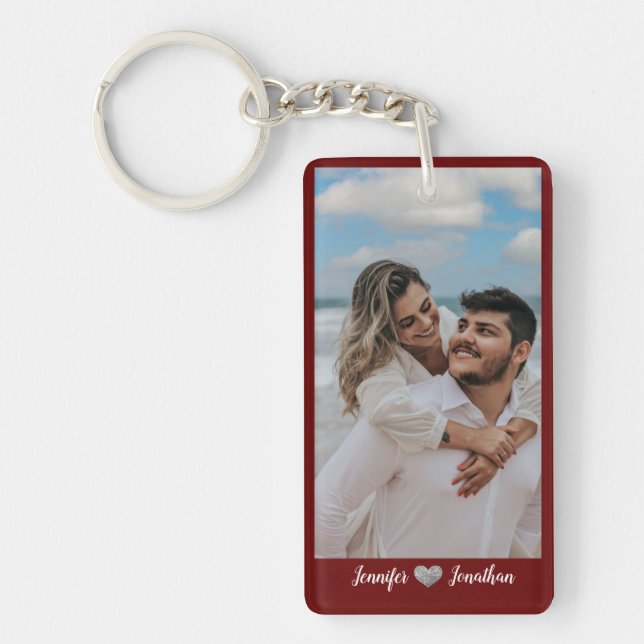Couple Photo Glitter Silver Heart Burgundy  Names Keychain (Front)
