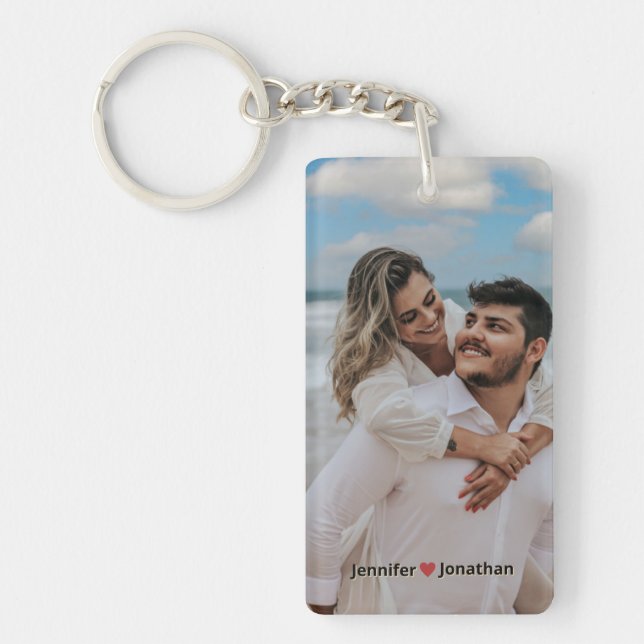 Couple Photo Glitter Silver Heart  Navy Blue Names Keychain (Front)