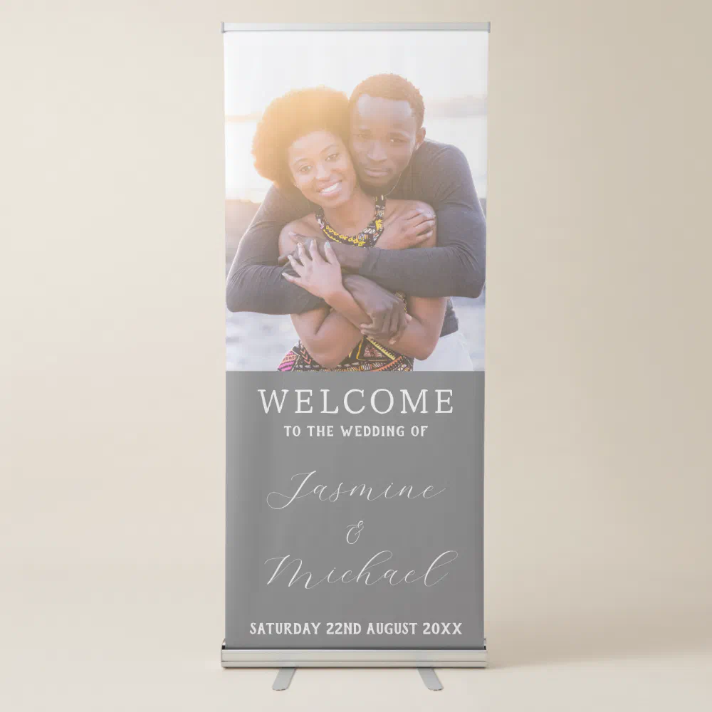 Couple Photo Gray And White Wedding Welcome Retractable Banner