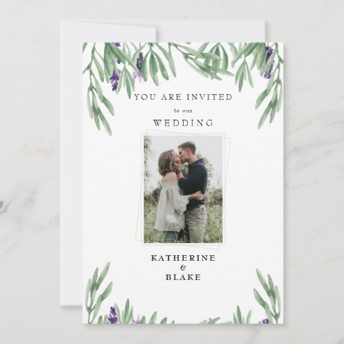 Couple Photo Lavender Foliage Modern Wedding Invit Invitation