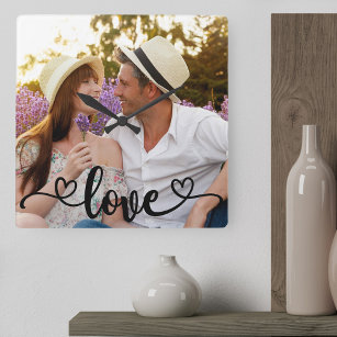 Couple Photo Love and Hearts Calligraphy Square Wall Clock