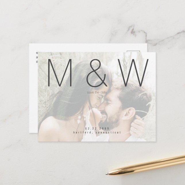 Couple Photo Monogram Modern Save the Date Announcement Postcard (Front/Back In Situ)