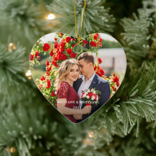 Couple Photo Names and Year Heart Ceramic Ornament