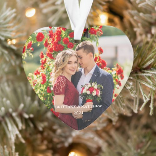 Couple Photo Names and Year Heart Ornament