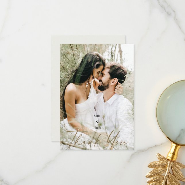 Couple Photo & Names Wedding Cream Blank Thank You Card (Front/Back In Situ)
