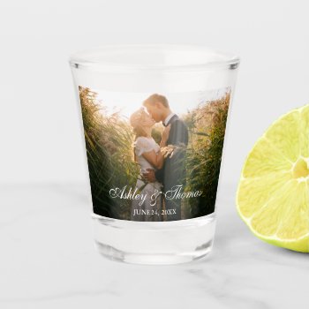 Couple Photo Personalized Wedding Shot Glass by HappyMemoriesPaperCo at Zazzle