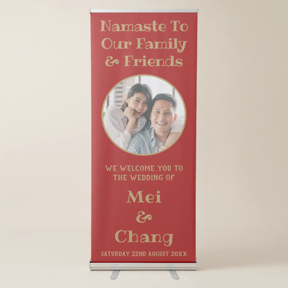 Couple Photo | Red And Gold Wedding Welcome Retractable Banner