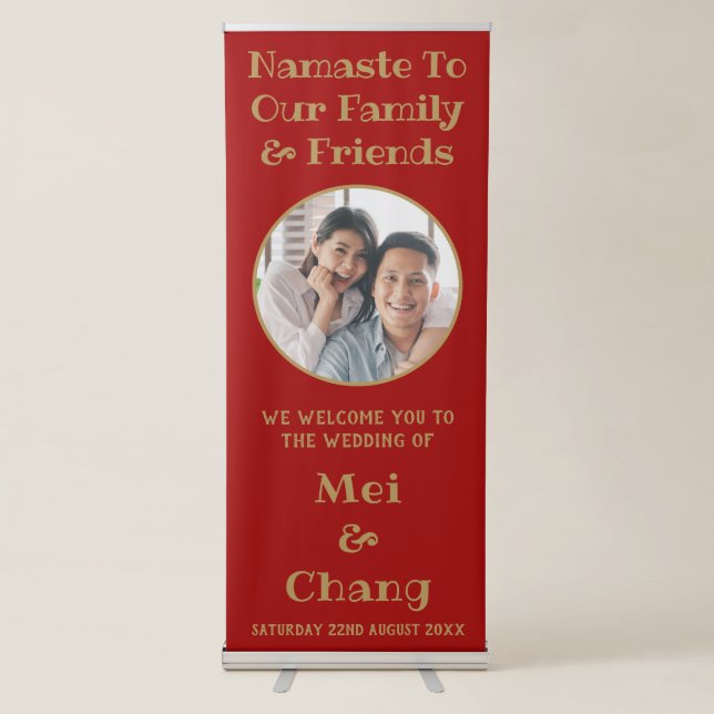 Couple Photo | Red And Gold Wedding Welcome Retractable Banner (Front)