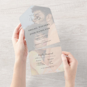 Couple Photo Sky Blue Modern Wedding All In One Invitation