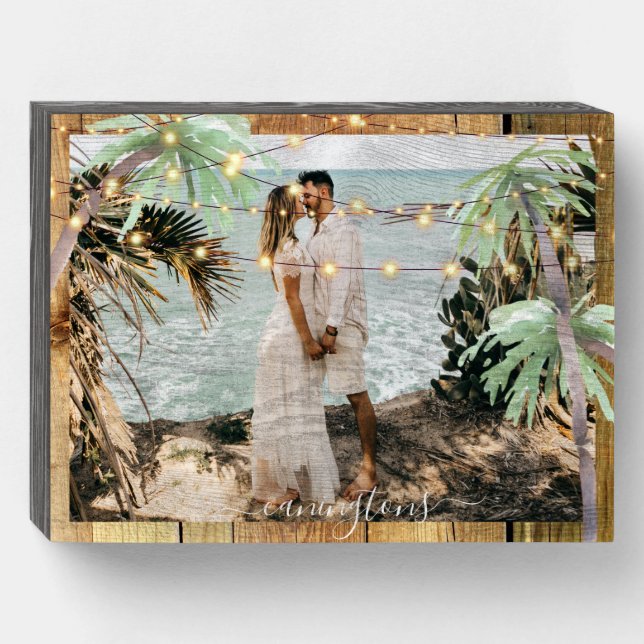 Couple Photo Tropical Palm Trees Lights Wooden Box Sign (Front Horizontal)