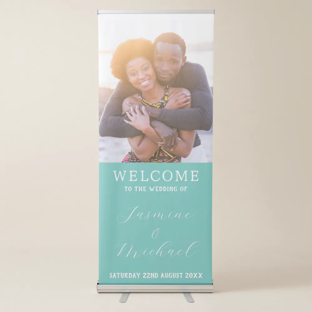 Couple Photo Turquoise Summer Wedding Welcome Retractable Banner