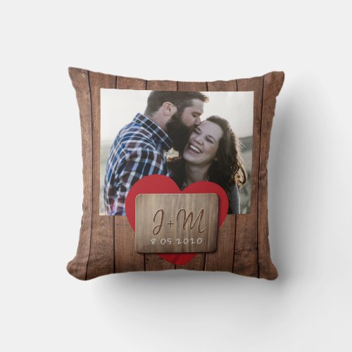 Couple photo Valentines Day name initials wood Throw Pillow