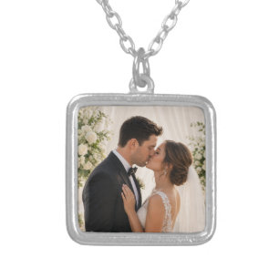 Couple Photo White Heart Personalized Names Silver Plated Necklace