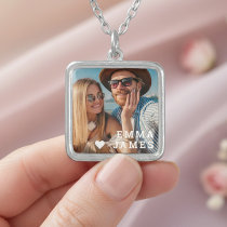 Couple Photo White Heart Personalized Names Silver Plated Necklace