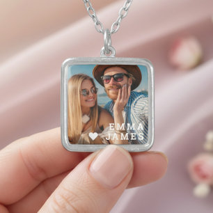 Couple Photo White Heart Personalized Names Silver Plated Necklace