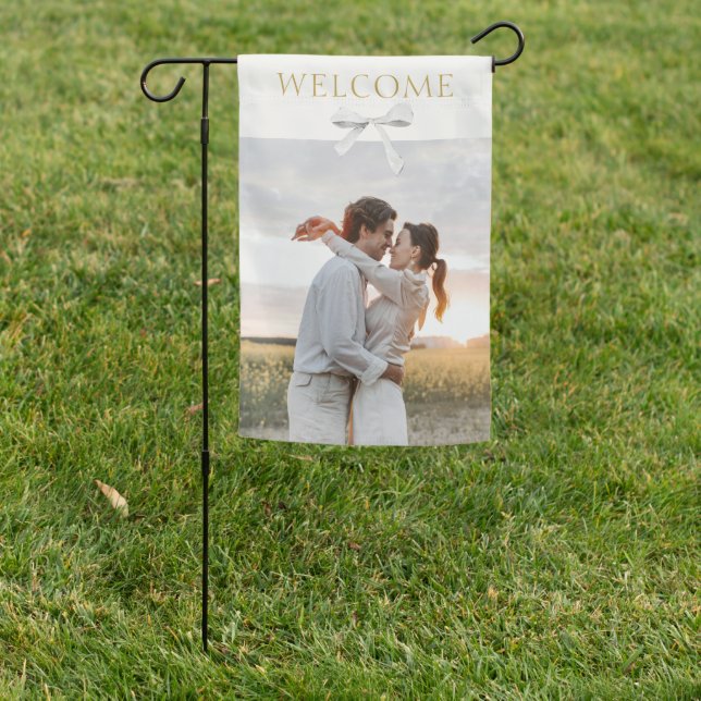Couple Photo & White Ribbon Welcome Garden Flag (In SItu)