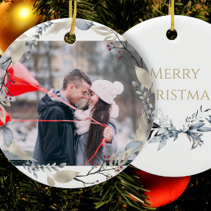 Couple Photo Winter Wreath Christmas Ceramic Ornament