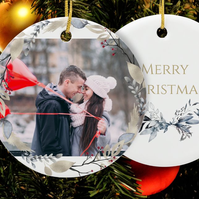 Couple Photo Winter Wreath Christmas Ceramic Ornament (Creator Uploaded)