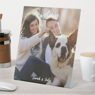 Couple Photo with Pet Fun Wedding Pedestal Sign