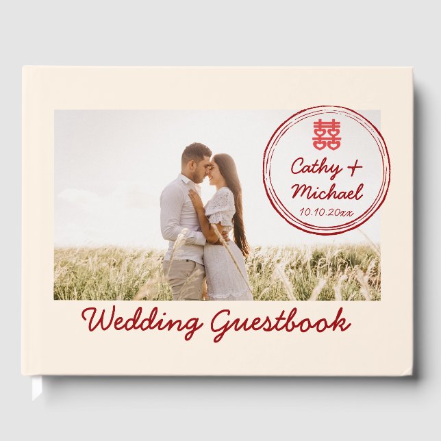 Couple photo with stamp logo Chinese wedding  Guest Book (Front)