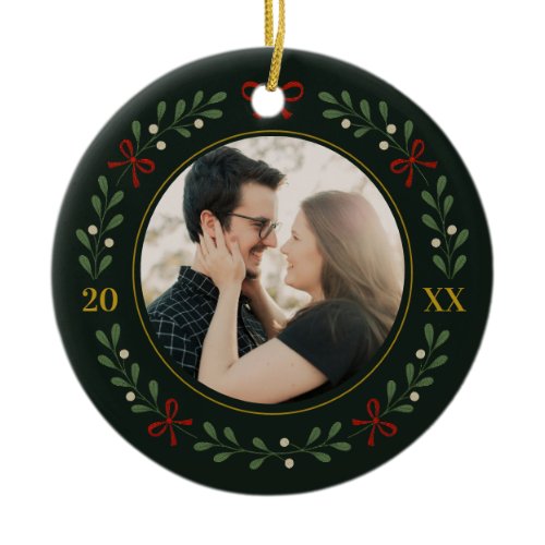Couple Photo Wreath First Christmas Together Ceramic Ornament