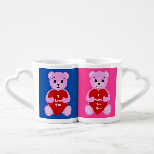 Couple Pink I Love You Teddy Bear _ Blue  Pink Coffee Mug Set