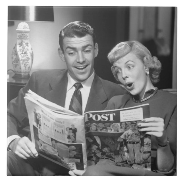 Couple Reading Magazine Ceramic Tile (Front)