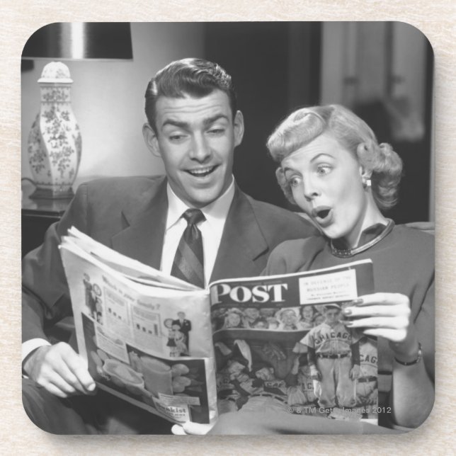 Couple Reading Magazine Drink Coaster (Front)