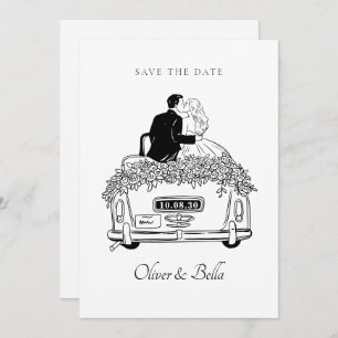 Couple ride a car wedding invitation