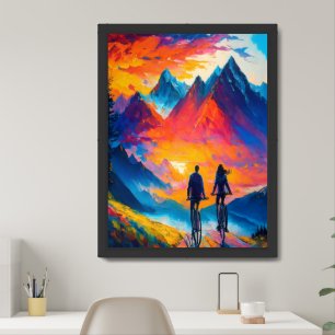 Couple Riding Bicycle At Sunset Painting Framed Art