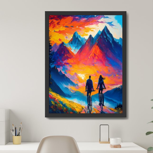 Couple Riding Bicycle At Sunset Painting Framed Art (Home Office)