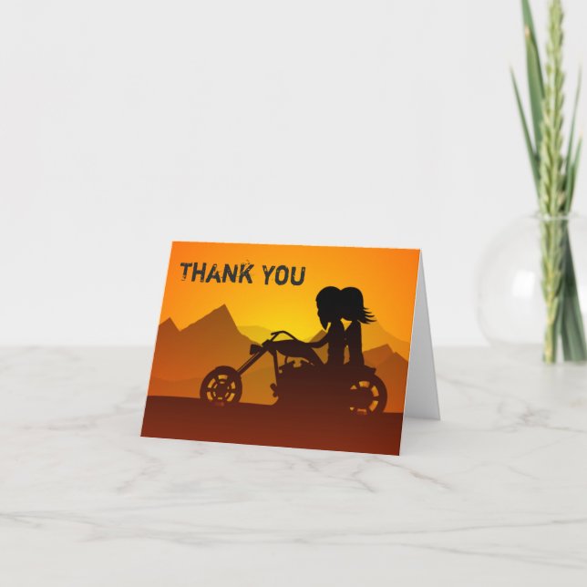 Couple Riding Motorcycle with Mountains and Sunset Thank You Card (Front)