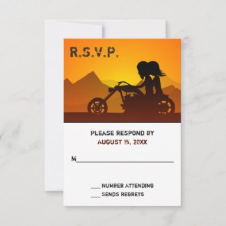 Couple Riding Motorcycle with Mountains Wedding RSVP Card