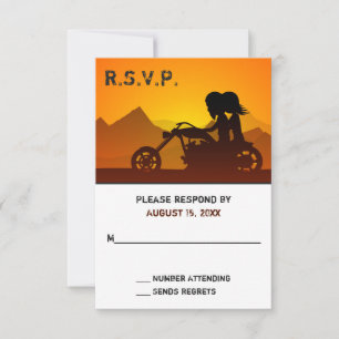 Couple Riding Motorcycle with Mountains Wedding RSVP Card
