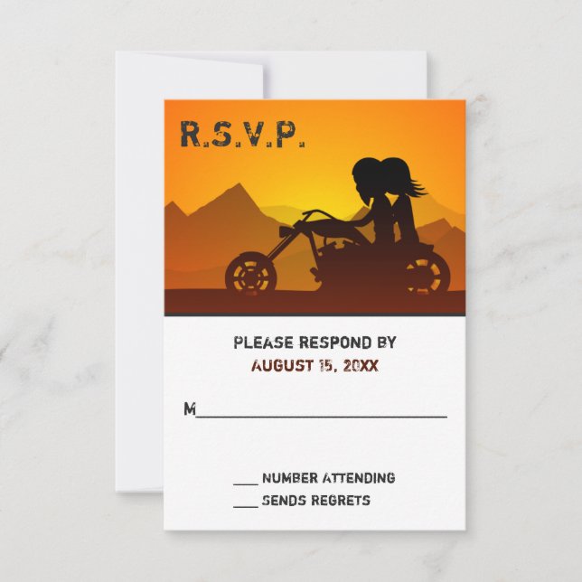 Couple Riding Motorcycle with Mountains Wedding RSVP Card (Front)