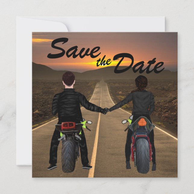 Couple Riding Motorcycles at Sunset Wedding Save T Save The Date (Front)