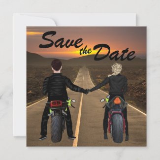 Couple Riding Motorcycles at Sunset Wedding Save The Date